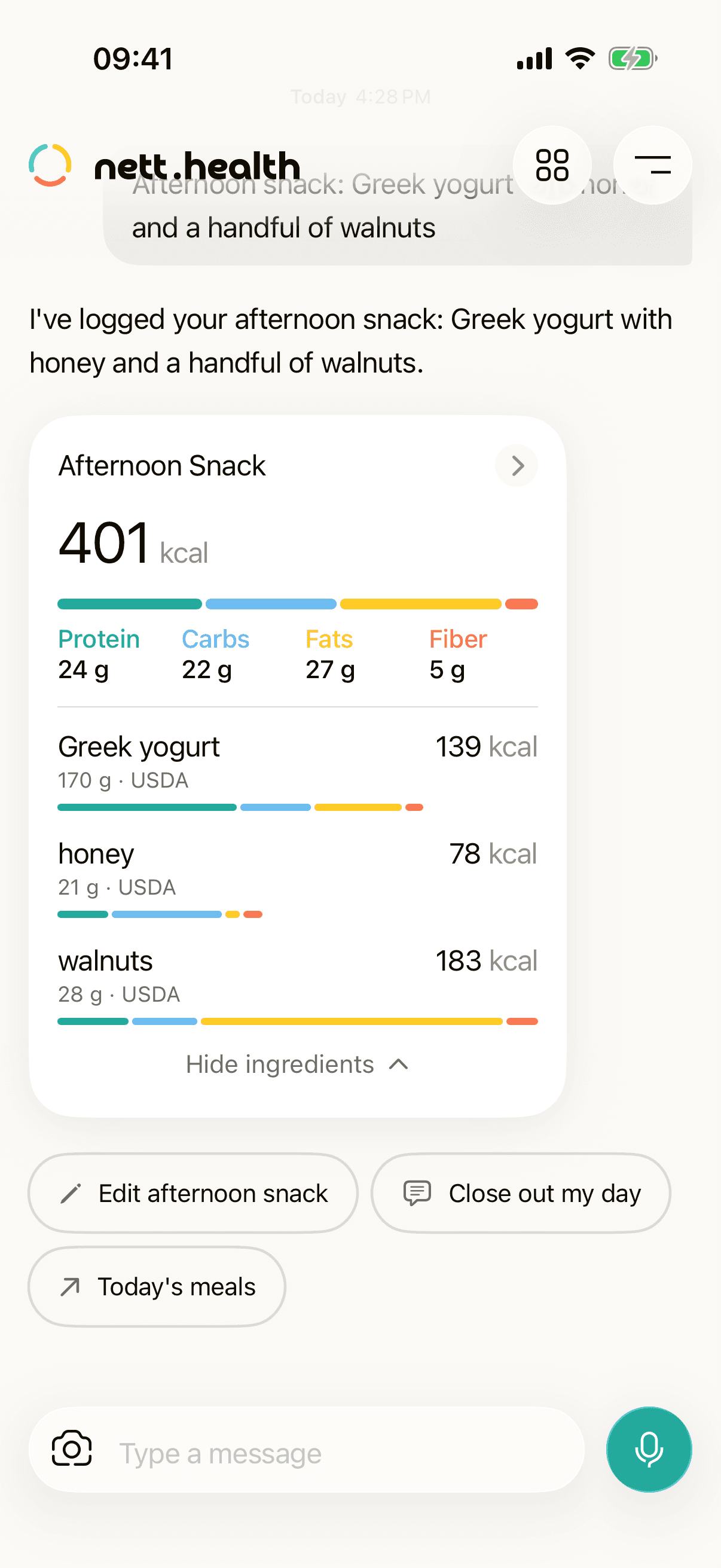 Nett logging an afternoon snack from one chat message, with each ingredient and its source