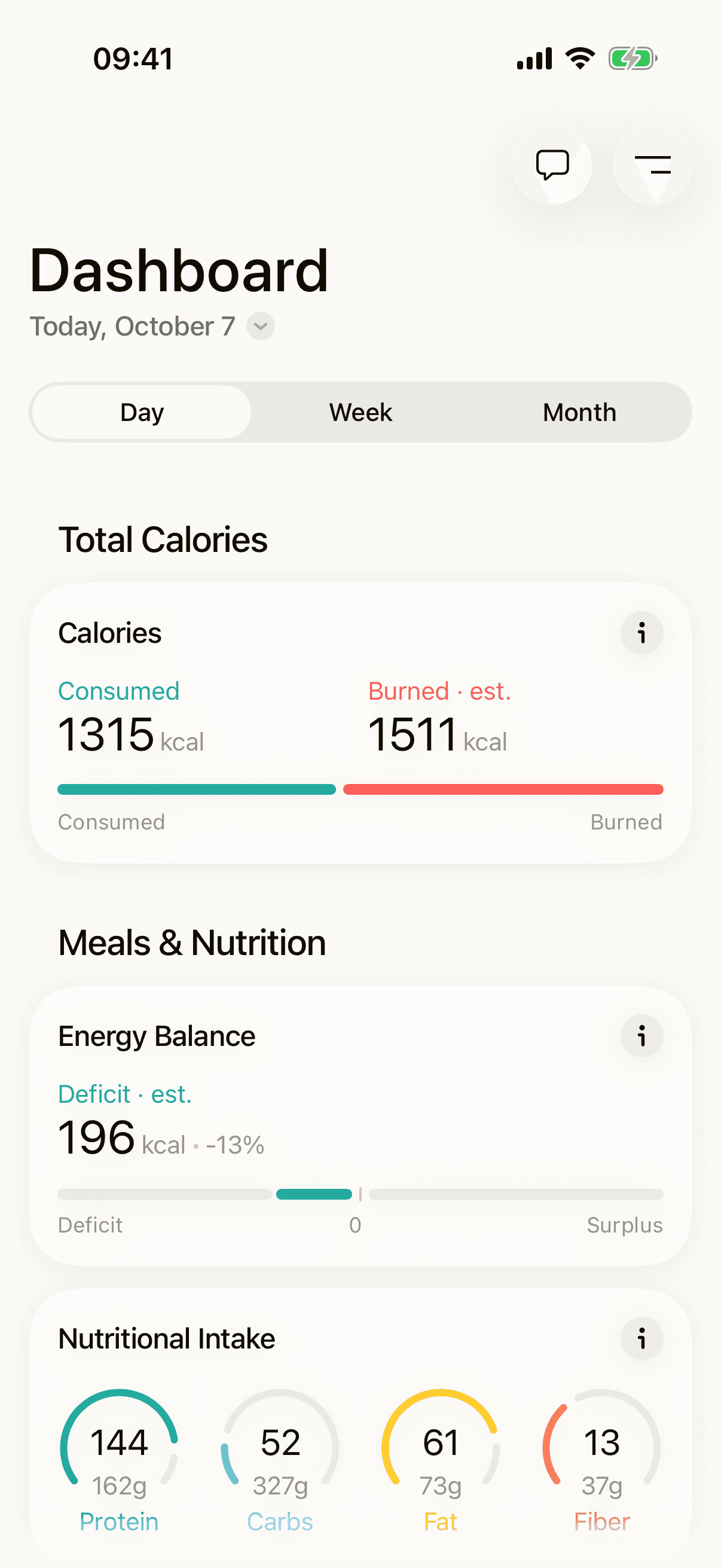 The Nett dashboard with calories, energy balance and macros