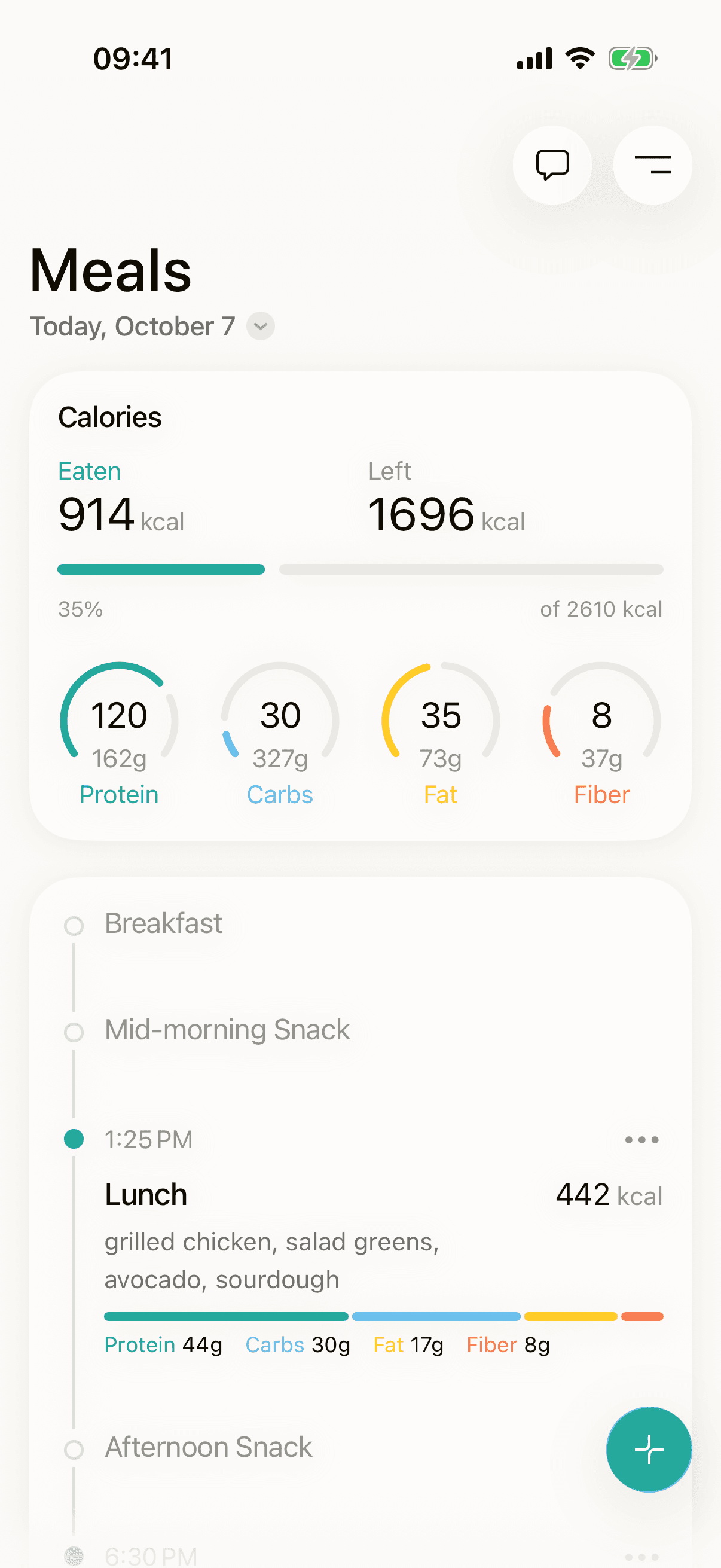 The day's meals with calories and macros per meal